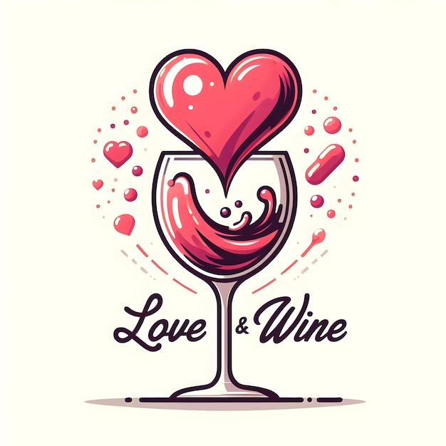 Photo flat floating wine glass with splashing liquid forming a heart with love wine text concept as a ro