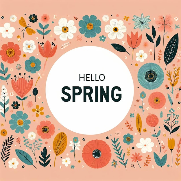 Flat flower background with slogan Hello Spring