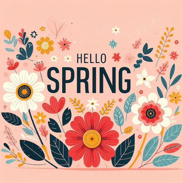 Flat flower background with slogan Hello Spring