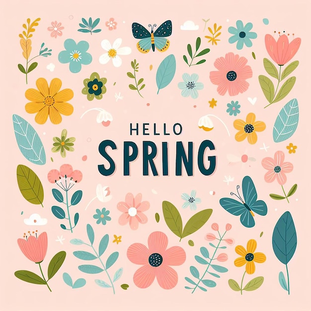 Flat flower background with slogan Hello Spring