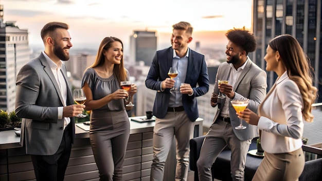 Flat Friends chatting and laughing over a round of cocktails at a rooftop bar concept as A candid sh