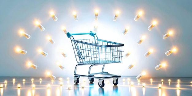 Photo flat glossy background of futuristic shopping cart icon with glowing sales tags for cyber monday eco