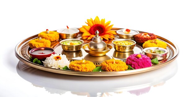 Flat Glossy background of a Labh Pancham altar with offerings concept as A rich and glossy backgroun