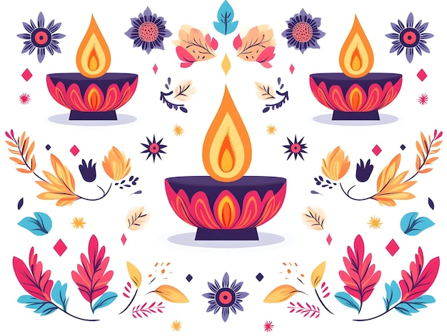 Photo flat glossy background with diwali lamps and swirling floral designs vibrant vector illustration c