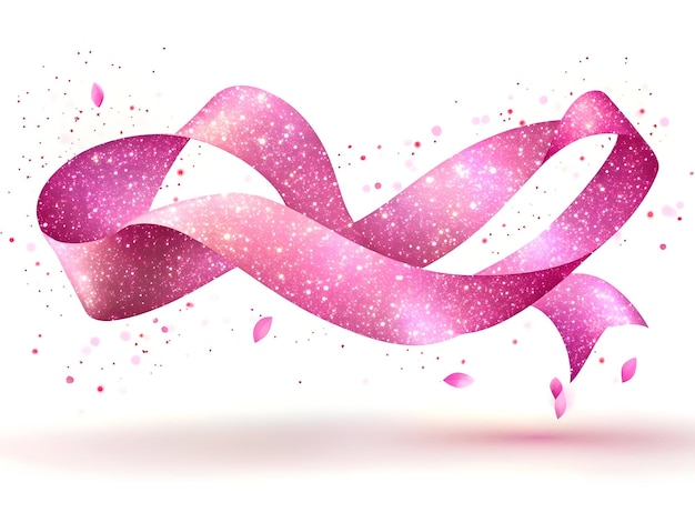 Photo flat glossy background with floating pink ribbon and sparkles over a soft gradient creating an uplif