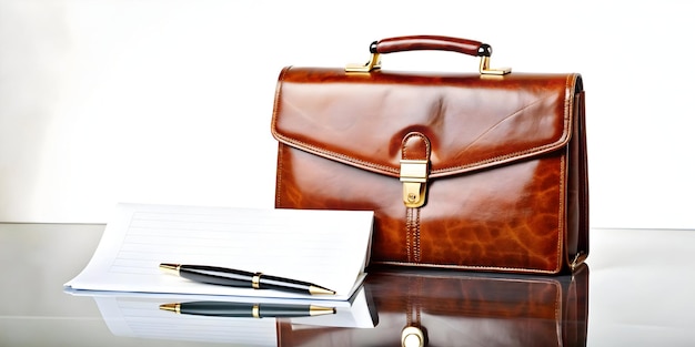 Flat Glossy briefcase with marketing documents and a fountain pen concept as A close up of a glossy