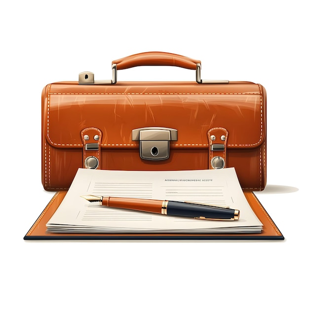 Photo flat glossy briefcase with marketing documents and a fountain pen concept as a close up of a glossy