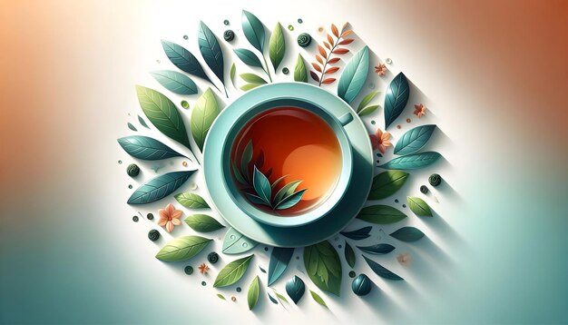 Photo flat glossy ceramic surface with vibrant tea leaves and soft shadow play concept as a top down shot