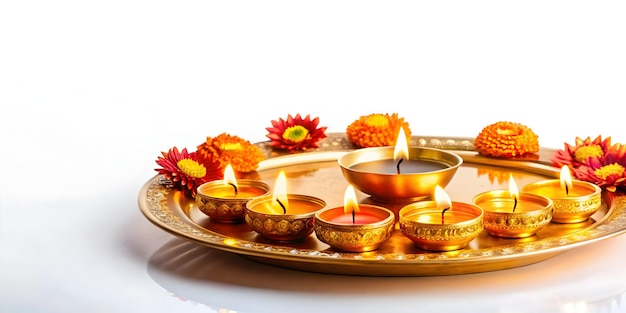 Flat Glossy Diwali thali with glowing diyas surrounded by festive decorations on a rich background c