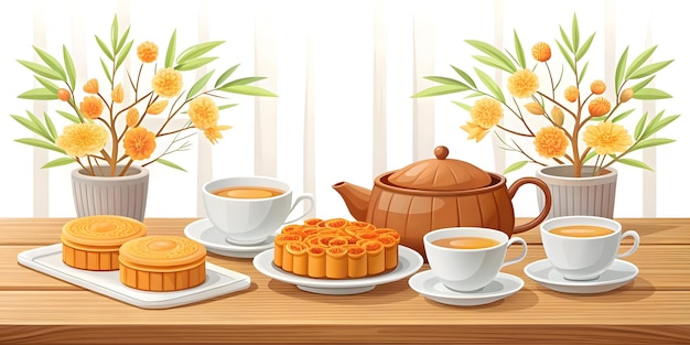 Photo flat glossy table setting with mooncakes for mid autumn festival concept as a glossy table setting f