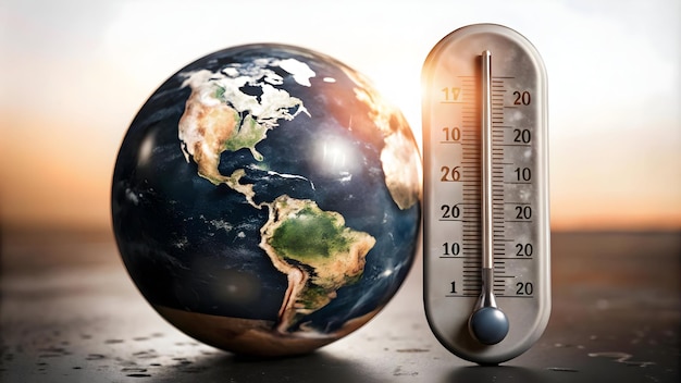 Flat Glossy thermometer and globe with holographic temperature readings and climate goals concept as