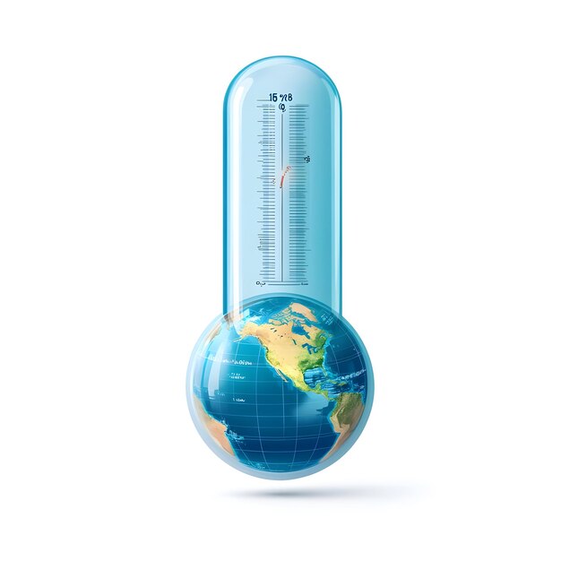 Photo flat glossy thermometer and globe with holographic temperature readings and climate goals concept as