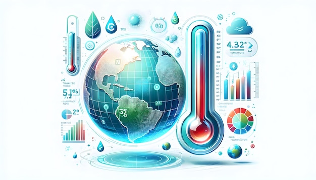 Photo flat glossy thermometer and globe with holographic temperature readings and climate goals concept as