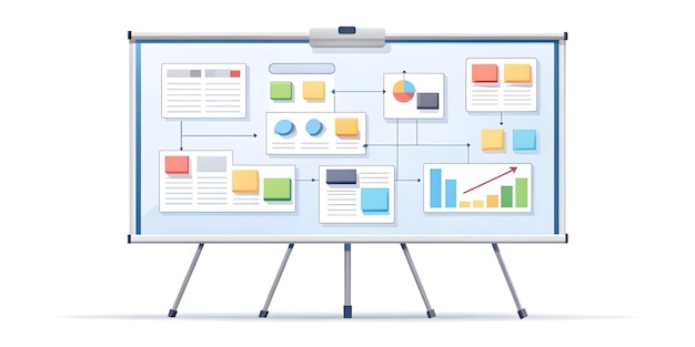 Photo flat glossy whiteboard with marketing strategy diagrams and notes concept as a mid angle shot of a g