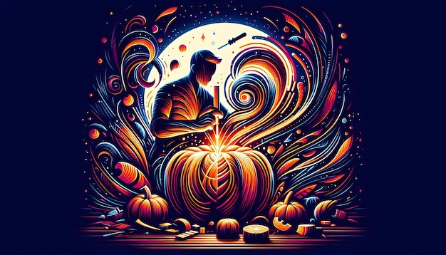 Photo flat glowing abstract pumpkin carving concept as a vibrant glowing abstract digital art showing the