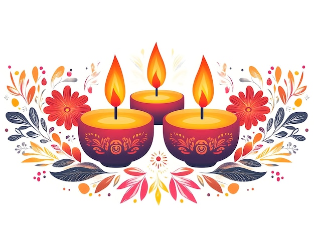 Flat Glowing Diwali candles and floral patterns framing a festive copy space with Diwali Glow word