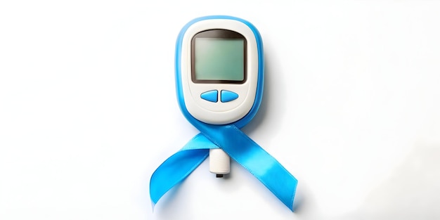 Flat Glowing holographic glucose meter with blue ribbon on white background concept as A glossy phot