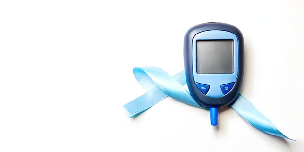 Flat Glowing holographic glucose meter with blue ribbon on white background concept as A glossy phot