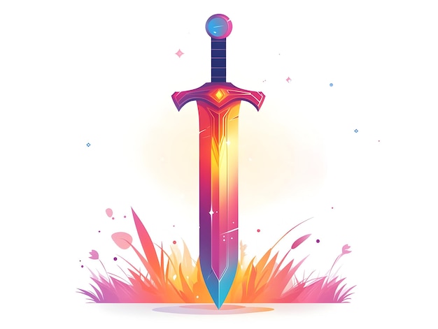 Photo flat glowing holographic sword and shield with ample copy space concept as a bold image featuring a