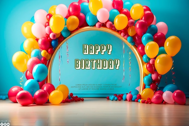 Flat golden circle and balloons birthday background