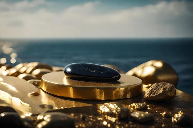 Flat golden rock cosmetic podium composition with obsidian by the sea beautiful materials