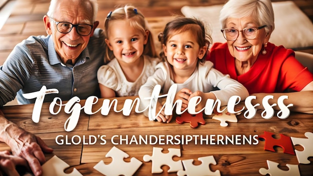 Photo flat grandparents and grandchildren puzzle pieces with connection text concept as an abstract vector