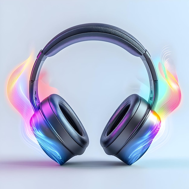 Flat Headphones with holographic sound waves emanating concept as A pair of headphones rest on a whi