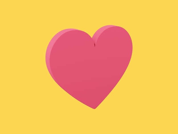 Flat heart Symbol of love Red single color On a monochrome yellow background View left side 3d rendering