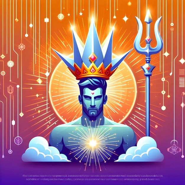 Photo flat holographic crown and trident with power text concept as a powerful photo featuring a glowing h