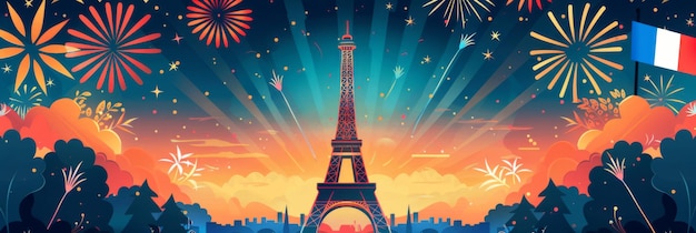 Flat illustration Bastille Day French national day Fireworks over Paris against the backdrop of the Eiffel Tower with the countrys flag and a panorama of the city Holiday illustration