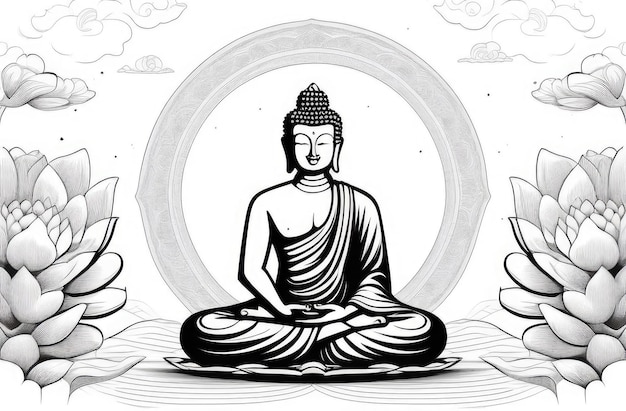 flat illustration of buddha statue in lotus position meditation awareness and spirituality