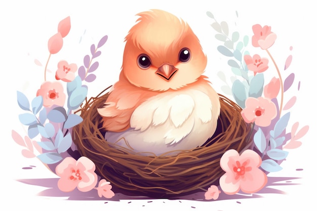 Flat Illustration of cute little bird in a nest with flowers Isolated on white background Funny chick Ideal for Easter greeting cards childrens books banners posters