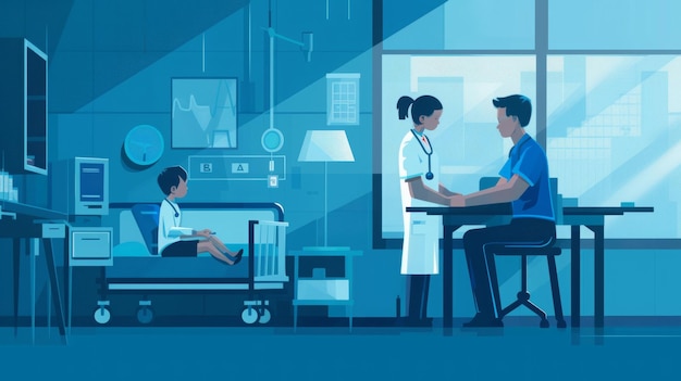 Photo flat illustration of doctor taking care patients in hospital room ai generated