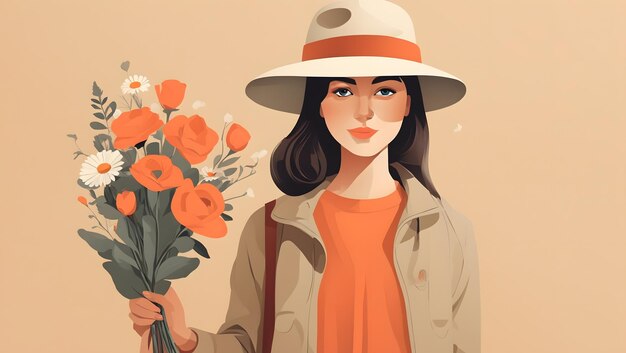 A flat illustration of a girl wearing a hat and holding flowers