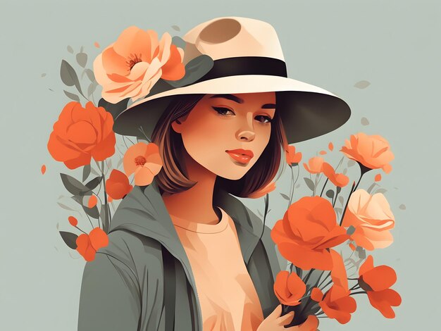 A flat illustration of a girl wearing a hat and holding flowers