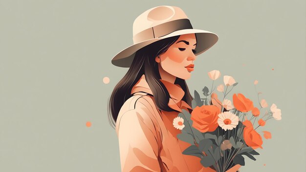 A flat illustration of a girl wearing a hat and holding flowers