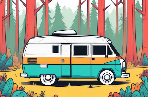 flat illustration of green camper van parked in forest vacation in wild nature travelling concept