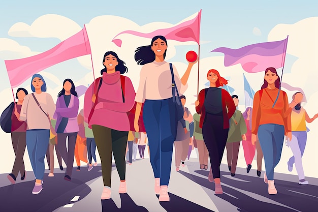 flat illustration of Group of females protesters crowd holding blank banners manifesting activists demonstrating empty signs Public Street Protest concept