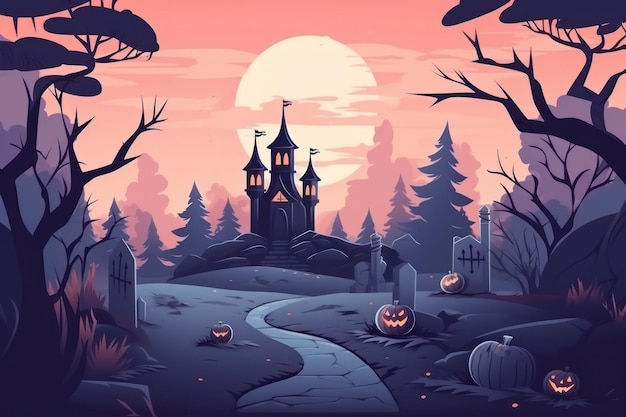 Flat illustration Halloween banner or party invitation background Full moon in orange sky spiders web and witch cauldron Place for text