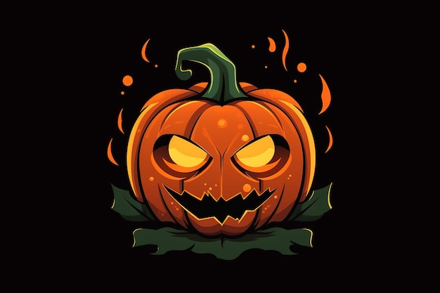 Flat illustration of a halloween pumpkin decorated with an evil expression with glowing eyes on a dark background