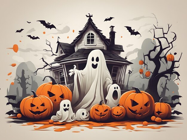 Flat illustration of a halloween scene with pumpkins and a ghost