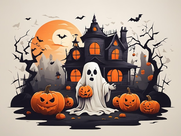 Flat illustration of a halloween scene with pumpkins and a ghost