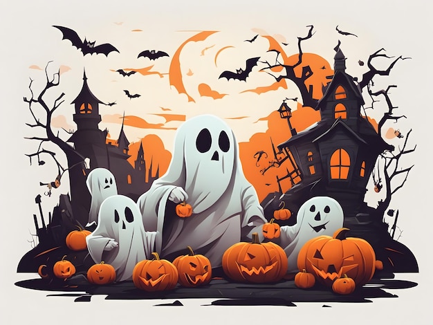 Flat illustration of a halloween scene with pumpkins and a ghost