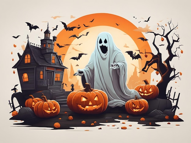 Flat illustration of a Halloween scene with pumpkins and a ghost