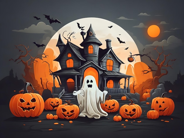 Flat illustration of a Halloween scene with pumpkins and a ghost