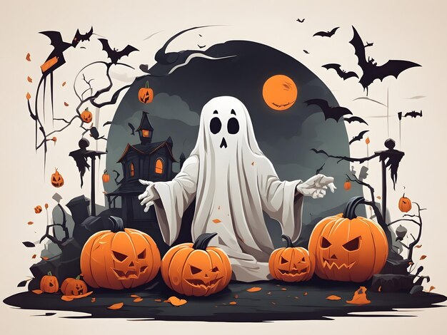 Flat illustration of a Halloween scene with pumpkins and a ghost