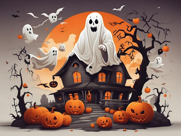 Flat illustration of a Halloween scene with pumpkins and a ghost