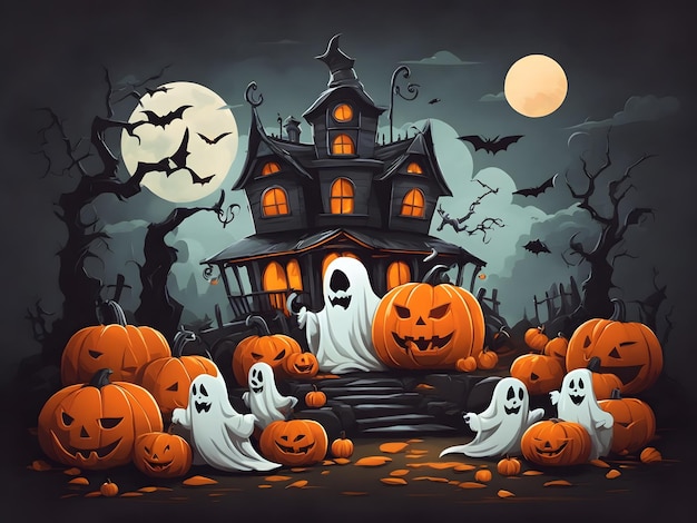 Flat illustration of a Halloween scene with pumpkins and a ghost