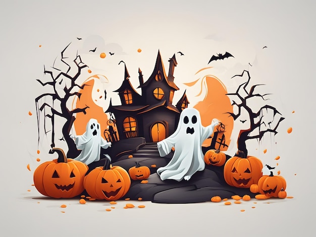 Flat illustration of a Halloween scene with pumpkins and a ghost