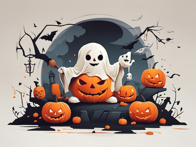 Flat illustration of a Halloween scene with pumpkins and a ghost